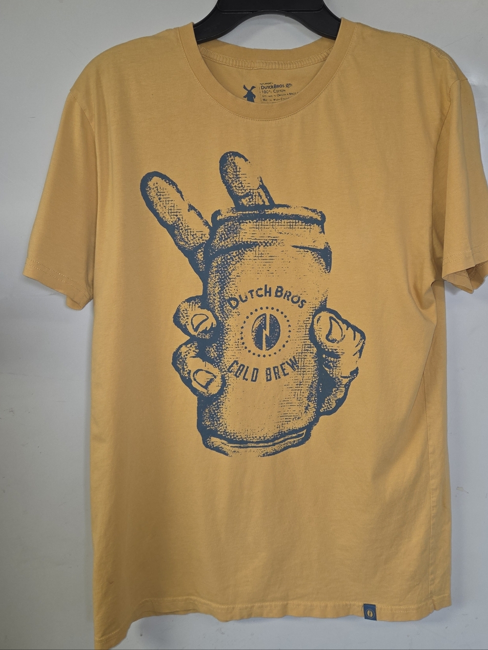 Dutch Bros Yellow Tee with Blue Cold Brew Handprint